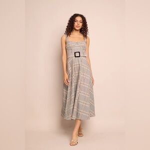 NEW Cara Cara Calypso Belt Midi Dress Raymond Plaid Gray Multi US 6 UK 10